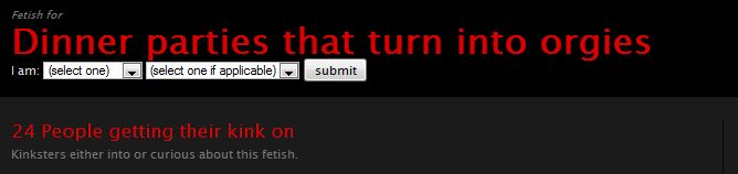 Fetlife snapshot of "dinner parties that turn into orgies" fetish--24 people getting their kink on